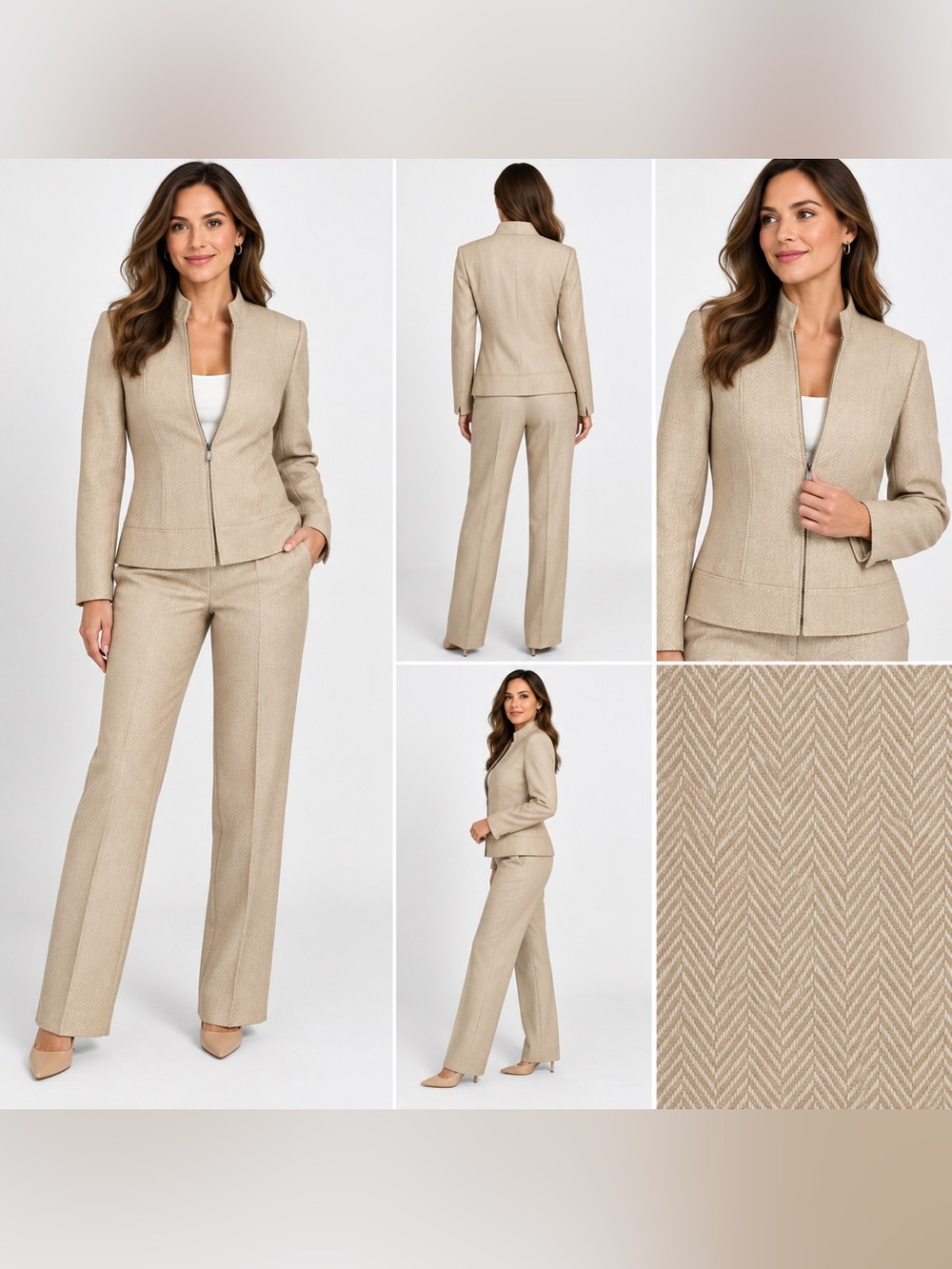 Tahari Arthur S. Levine Petite Tan Herringbone Wool 2-Piece Pant Suit 4P
